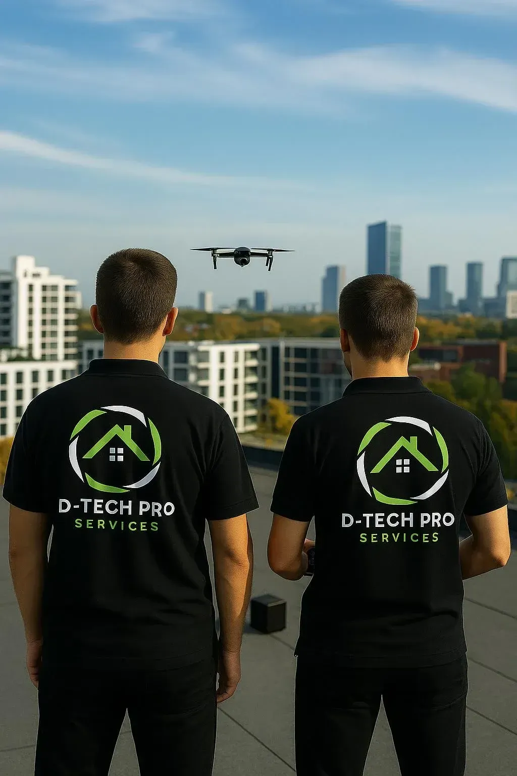 Deux techniciens D-Tech Pro de dos, observant une inspection de toiture par drone au-dessus de Luxembourg.
