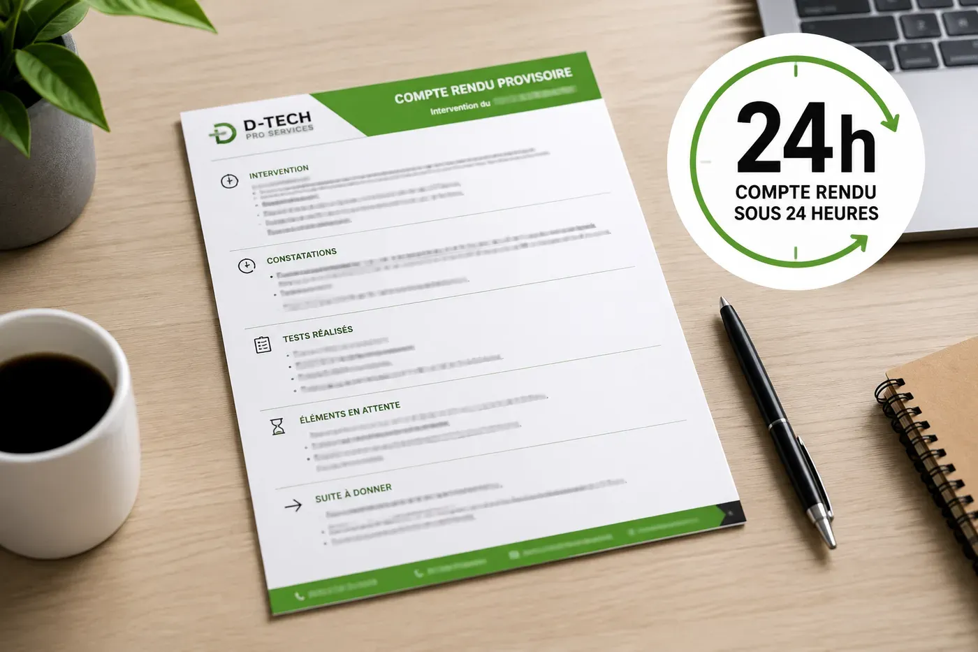 Compte rendu provisoire D-Tech Pro Services posé sur un bureau, avec le sceau « compte rendu sous 24 heures ».